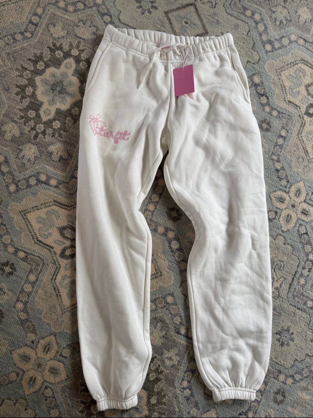 White Jogger Sweatpants with Pink Embroidered Accent